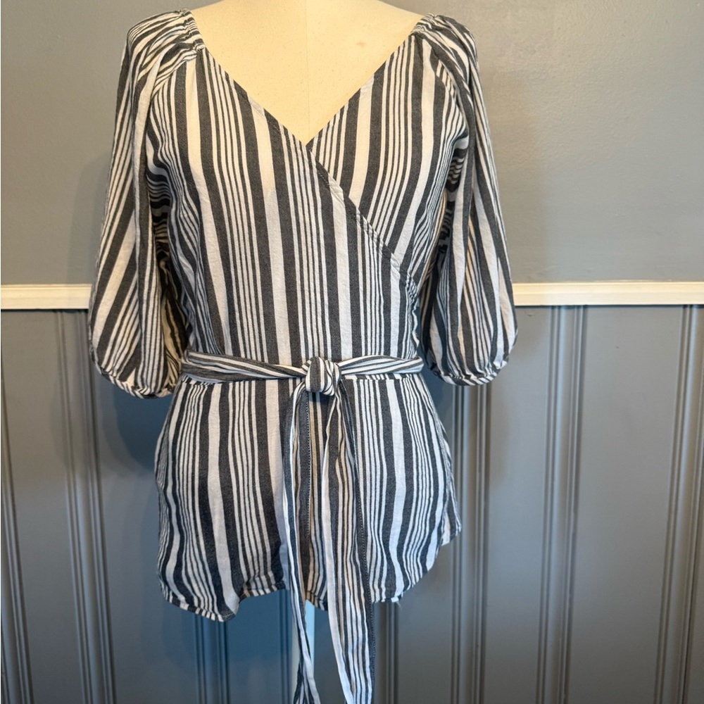 Old Navy White and Blue Cuffed Sleeve Wrap Blouse